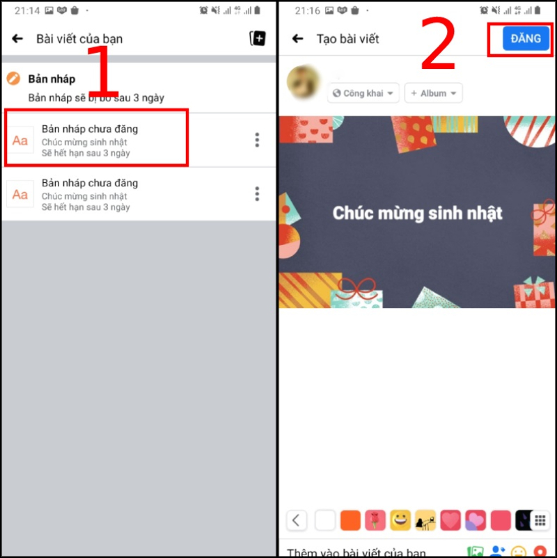 Bạn chọn bản nháp muốn đăng > Chỉnh sửa nếu muốn > Nhấn Đăng.